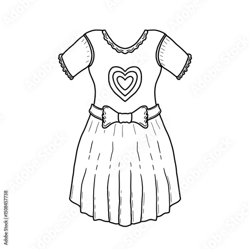 Hand drawn girl's dress vector illustration. Sketch style cute dress. Simple children's clothing line art with heart