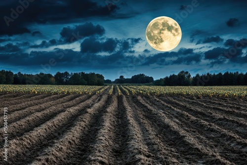 Ploughed field under a full moon at night