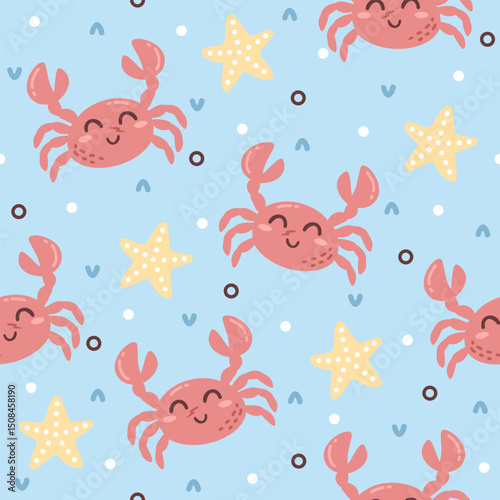 Cute crab with stars hand drawn seamless vector design for print on textile, wrapping, backdrop and other uses.