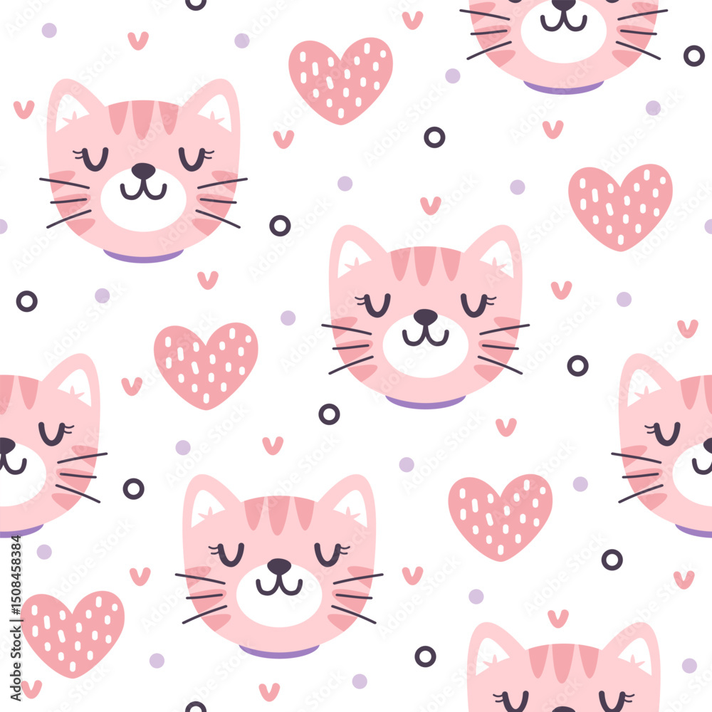 Naklejka premium Pretty kitten with hearts hand drawn seamless vector design for print on textile, wrapping, backdrop and other uses.