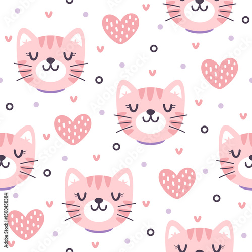 Pretty kitten with hearts hand drawn seamless vector design for print on textile, wrapping, backdrop and other uses.