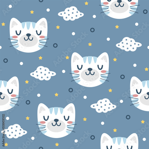 Cute kitten with cloud  hand drawn seamless vector design for print on textile, wrapping, backdrop and other uses.