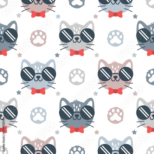 Cute cat with glasses hand drawn seamless vector design for print on textile, wrapping, backdrop and other uses.