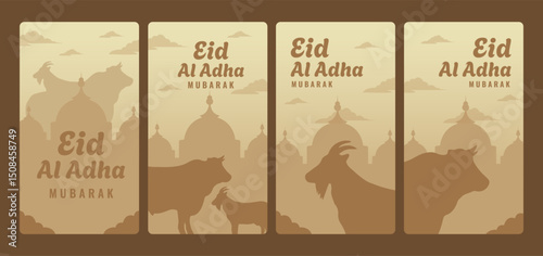 instagram stories collection for islamic eid al-adha celebration with illustration of goat and cow