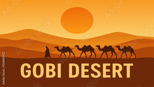 Gobi Desert with Camel Caravan at Sunset
