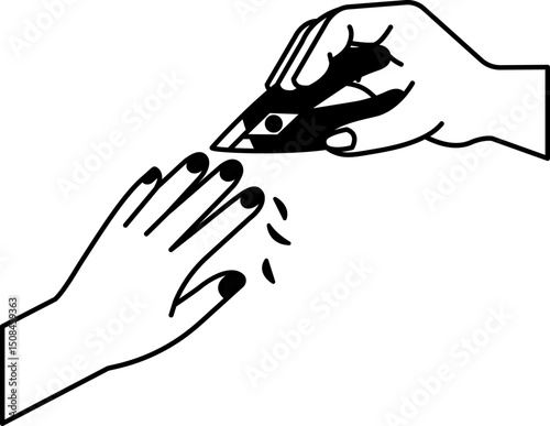 black and white illustration a hand cutting fingernails