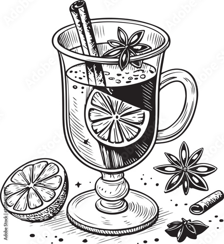 Mulled wine Vector Illustration, Sketch Drawing Line Linear Symbol Icon Engraving Coloring Book, Hand-drawn Black and White Isolated