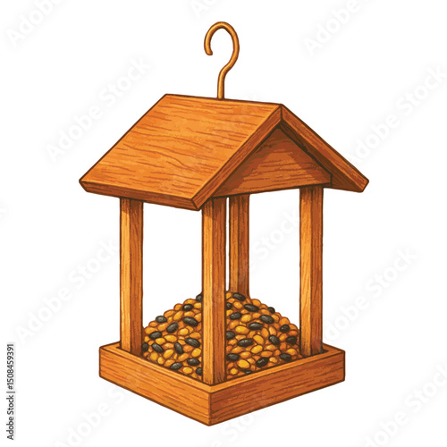 Bird Feeder Vector – Wooden Hanging Tray with Seeds