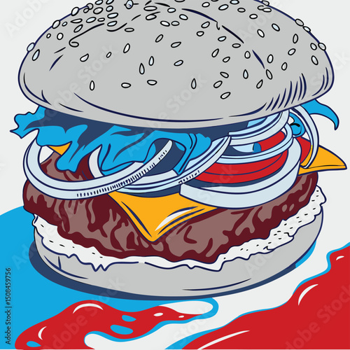 A highly detailed, close-up shot of a gourmet cheeseburger