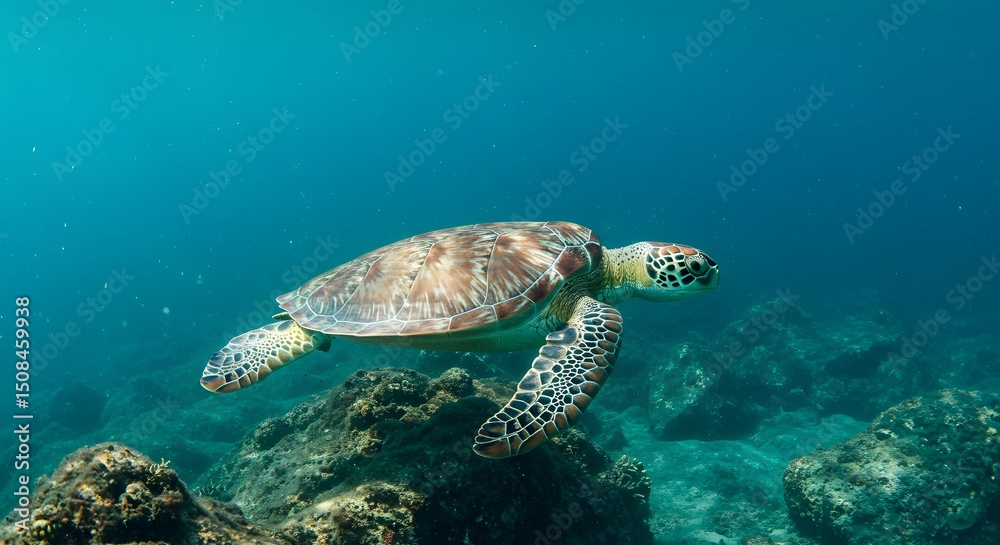 Fototapeta premium Majestic Green Sea Turtle Gracefully Navigating Coral Reefs