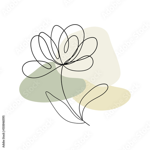 Soft Green Botanical Line Art. A delicate flower drawn in a single line, accented with gentle green and beige abstract shapes.