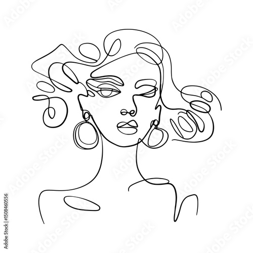 Woman Line Drawing with Curly Hair. A modern one-line portrait of a woman with voluminous curly hair. Ideal for artistic prints and stylish decor.