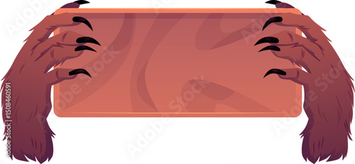 Creepy woolly paws, zombie hairy brown hands show a sign board, vector cartoon Halloween message space, wooden banner