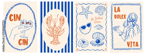 Summer Italy la dolce vita vintage posters. Amalfi or Sicily of postage stamps with image of Italian Mediterranean wine, lobster, beach decor. Vector illustration ink doodle sketch style.
