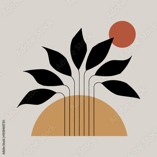Abstract Plant Rising from Earth with Sun. A creative modern composition of a plant growing from a stylized semi-circle earth with a sun overhead.