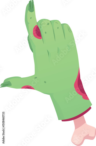 Creepy Zombie green hand gesture, vector dead rotting flesh and bones, corpse arm with thumb and index finger extended