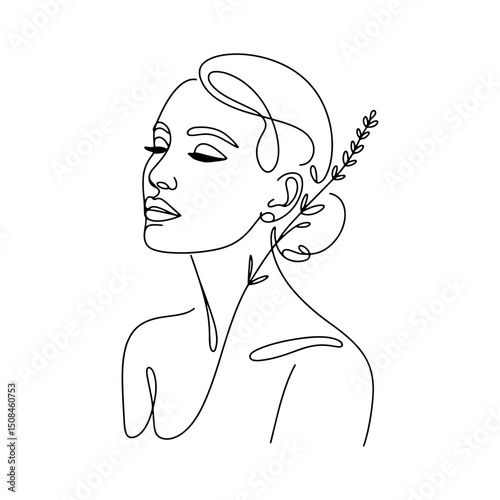 Elegant Female Line Portrait. A graceful minimalist portrait of a woman in one-line art. Ideal for fashion branding, posters, and contemporary decor.