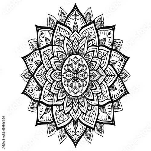 Detailed Black and White Mandala Illustration for Coloring or Design Projects