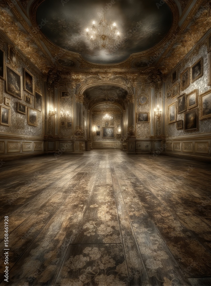 Obraz premium Frames made of gold, wallpaper with a retro pattern, and spotlights shining down from above