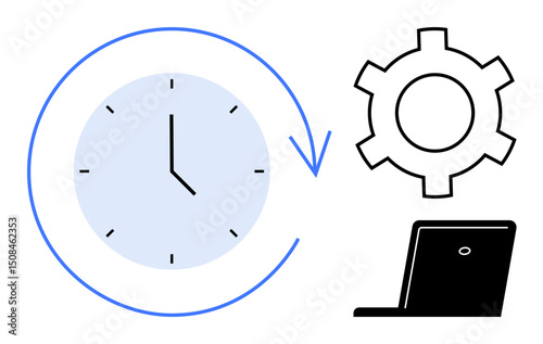 Clock with arrow indicates time, gear symbolizes settings or productivity, laptop highlights technology. Ideal for time management, productivity, strategy, automation, workplace efficiency