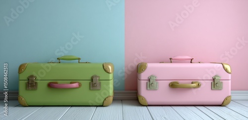 Vintage luggage on blue wood represents the concept of traveling in a bygone era