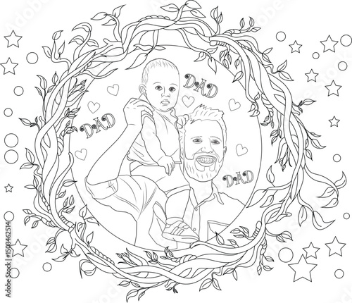 Father and Baby Coloring Page Illustration for Father's Day, Black and white line art illustration for coloring, depicting a father holding his baby on his shoulders, framed by a decorative wreath 