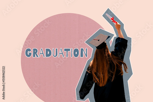 Template sketch composite artwork collage of yong woman stand back hand up diploma graduation knowledge university success intelligent