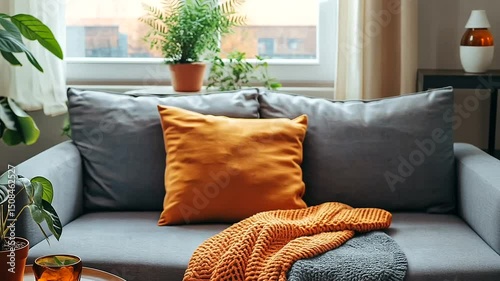 Cozy living room with a gray sofa, orange throw and pillow, plants in pots on table and window, creating a warm indoor atmosphere