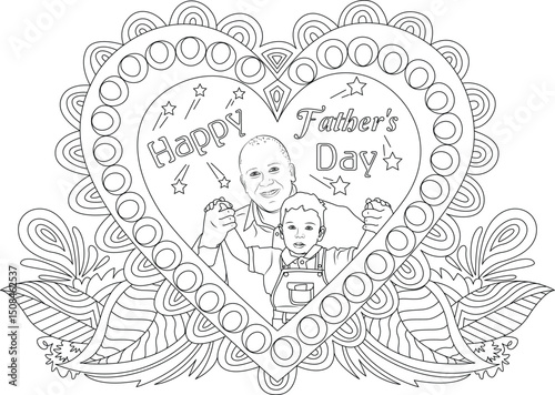 Happy Father's Day Line Art Father and Son in Heart, Black and white line art illustration for Father's Day featuring a father and son inside a decorative heart shape with Happy Father's Day text. 