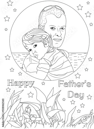 Happy Father's Day Coloring Page with Father and Son, A black and white line art illustration of a father hugging his young son, with 'Happy Father's Day' text, stars, and flowers, perfect for 