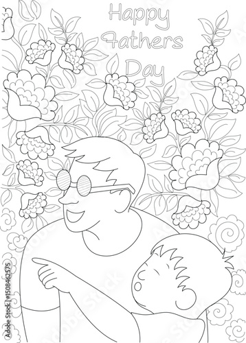 Happy Fathers Day Coloring Page Illustration, Black and white line art illustration for coloring, featuring a father and son with floral elements and 'Happy Fathers Day' text. Perfect for Father's 