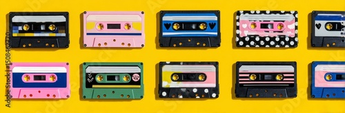A yellow wooden table holds a collection of retro cassette tapes, photographed from directly above, with space to add text