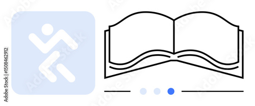 Open book icon paired with a moving human figure and navigation dots. Ideal for education, learning, reading, navigation, progress, knowledge, digital library, simple landing page