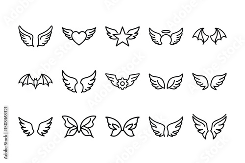 "Set of Stylized Wing and Angelic Symbol Icons – Vector Line Art"
