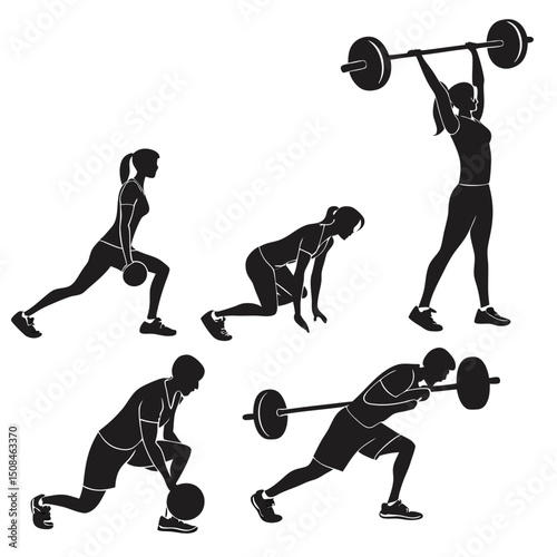 Silhouetted Fitness Figures – Weight Training and Functional Exercise Poses Vector Set