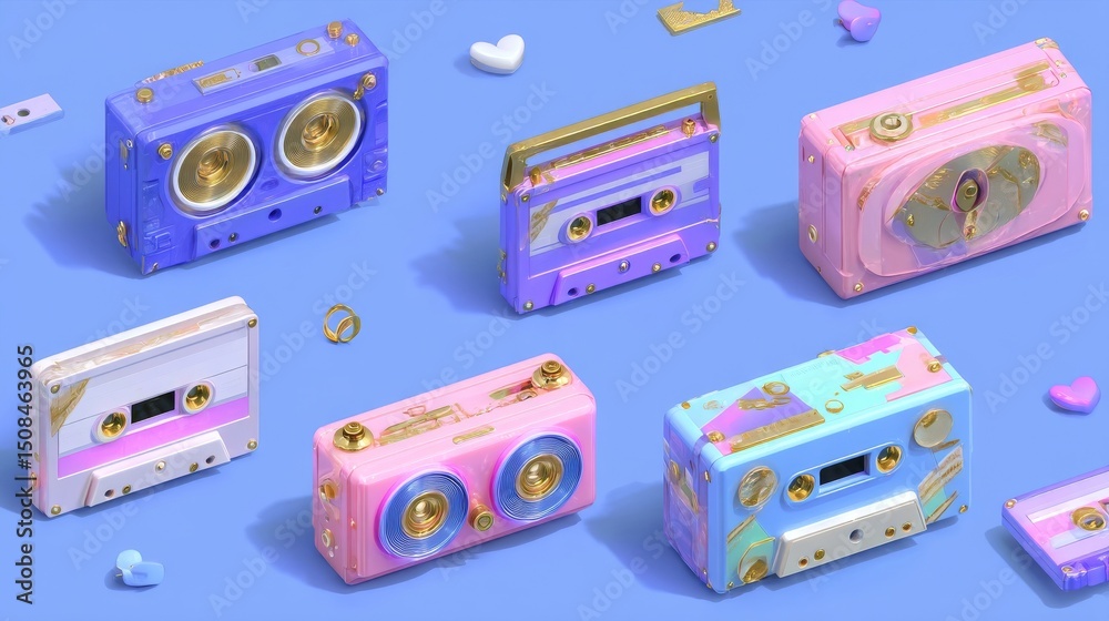 Fototapeta premium The background illustration features a seamless pattern of old retro hipster electronics, including mobile phones, tv recorder, player, audio tape, video recorder, game console, camera, and computer
