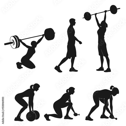 Silhouetted Fitness Figures – Weight Training and Functional Exercise Poses Vector Set