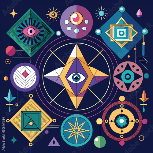 Abstract Eye Symbol Composition Geometric Shapes and Lines on Dark Blue Background