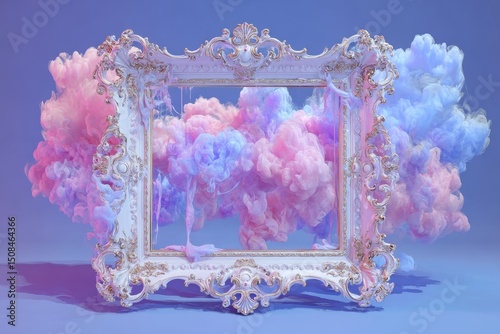 Against a pastel blue background, a white vintage frame and abstract pink cloud shapes come together in a minimal border composition