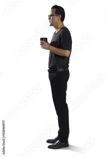 Asian office worker holding coffee cup on transparent background