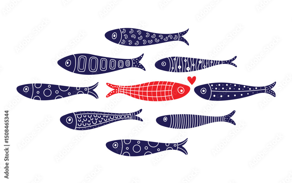 Fototapeta premium Cute poster with fish. Love. Vector illustration of sardine.