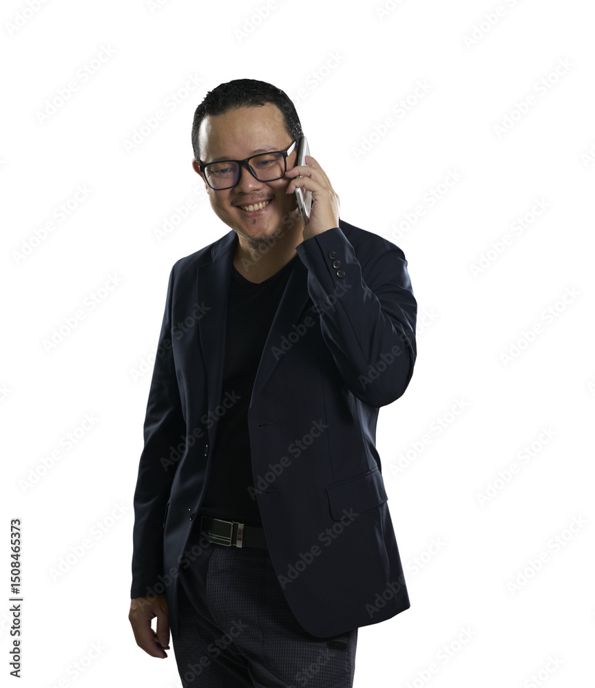 Smiling asian businessman talking on phone with transparent background Smiling asian businessman talking on phone with transparent background