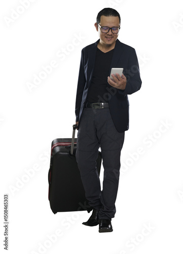 Businessman walking with luggage and using smartphone on transparent background