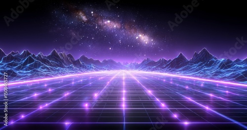 A futuristic grid landscape reminiscent of 80s retro sci-fi, featuring a digital cyber surface, ideal for 1980s-style design, presented as a 3D illustration