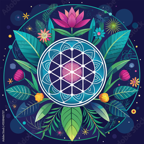 Vibrant Floral Mandala with Geometric Center on Deep Blue Background