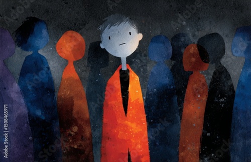 A surreal painting illustration representing the concept of freedom and uniqueness, depicting a red man gazing upwards amidst a crowd, symbolizing contrast, leadership, and hope