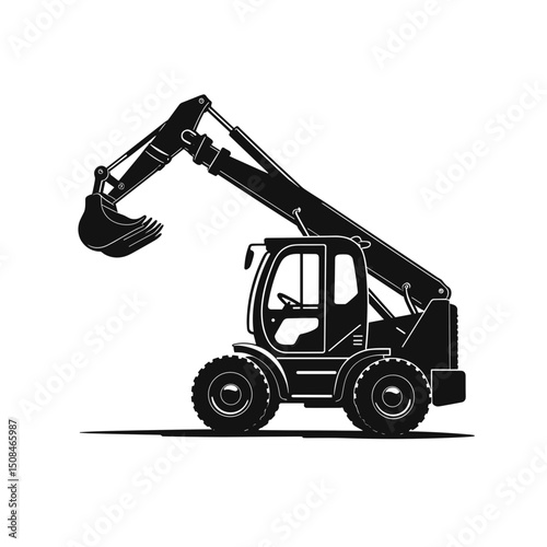Telescopic handler silhouette in black and white, for construction or agriculture