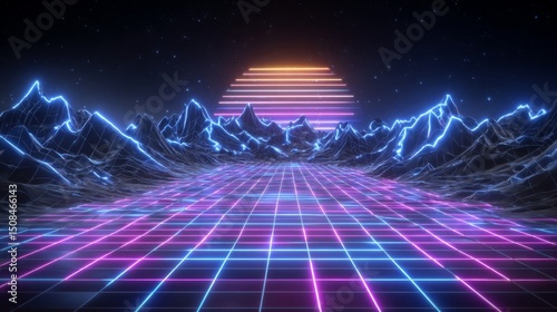 This 3D illustration presents a futuristic grid landscape set in a retro sci-fi background, evoking the digital cyber surface style that defined the 1980s