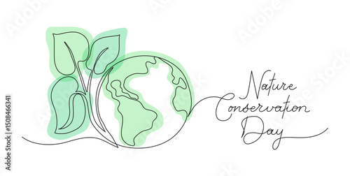 World Nature Conservation Day text banner template. One continuous line art background globe and leaves. Editable stroke hand drawn lettering. Outline drawing typography eco natural concept sketch.