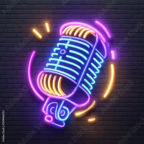 A modern illustration features a glowing neon microphone icon set against a brick wall background, symbolizing an on-air radio mic and speaker sign